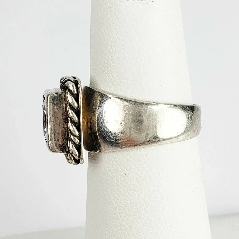 Vintage Ring Sterling Silver 925 Size 5 Square Faceted CZ Rope Border 925 7.8g